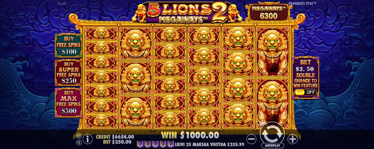 5 Lions Megaways gameplay &mdash; 6 carretes con leones dorados asi&aacute;ticos