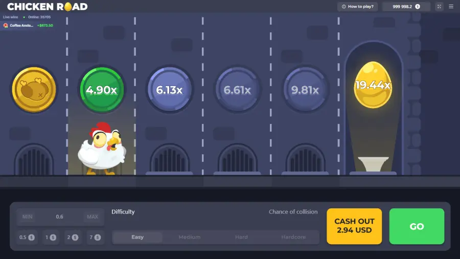 Chicken Road gameplay &mdash; pollo cruzando carriles con coches y multiplicadores visibles